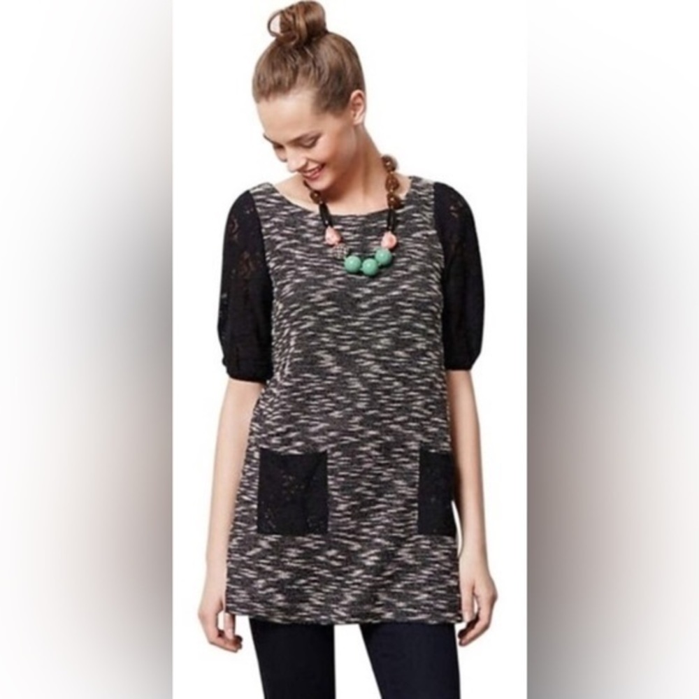 Anthropologie Postmark Black White Textured Tweed Knit Tunic Dress Lace Size S - Picture 2 of 11
